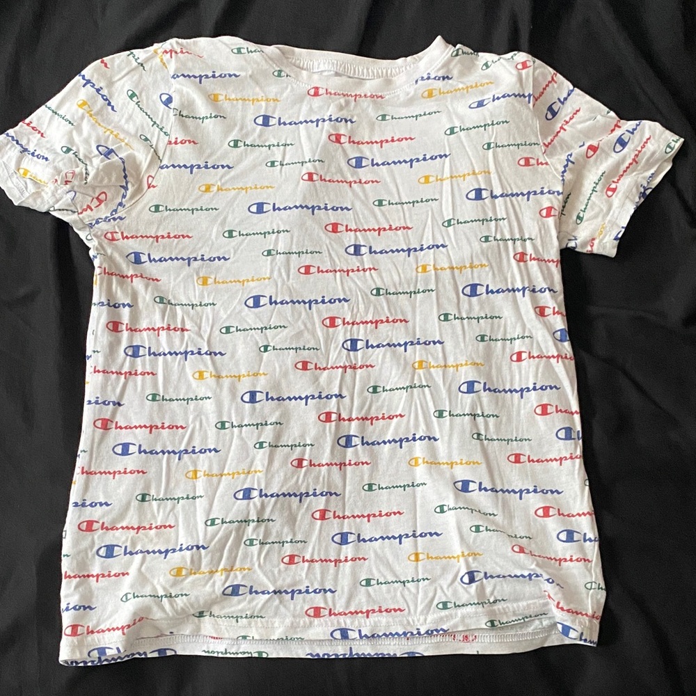Champion White Tee with Colorful Logos